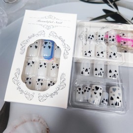 Valentines Press on Nails Black Love Heart Acrylic Medium Square Fake Nails 24Pcs Glossy White False Nails Love Heart Stick on Nails Romantic Gift Gel Glue on Nails for Coquette Women Girls