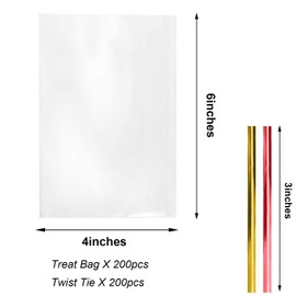 Morepack Morepack Cello Cellophane 4x6 Inches Cookie Bags 200 Pcs OPP Plastic Clear Treat Bags with 200 Twist Ties for Gift Wrapping,Packaging Candies,Dessert,Bakery,Chocolate,Party Favors