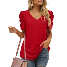 Red Tops for Womens Causal Dressy Short Sleeve Shirts Cute Tees Plus Size Spring Clothes Solid Color L