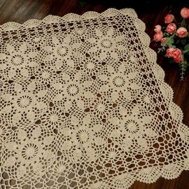 kilofly Handmade Crochet Cotton Lace Table Placemats Sofa Doilies, Square, Beige, 23 inch