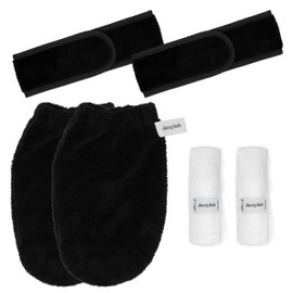 6-teiliges Make-up-Set – 2x Kosmetik Haarband, 2x Waschhandschuh & 2x Waschlappen – Für Gesichtsreinigung, Pflege & Wellness – Weiche Frottee-Qualität (100 % Baumwolle)