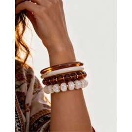 Stackable Stretch Beaded Bracelet Set for women, 4PCS Acrylic Resin Elastic Strand & Thin Ivory White Bangle Bracelets, Minimalist Vintage Stacking Jewelry, ivory White