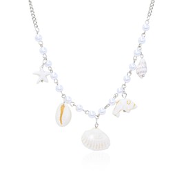 Seashell Starfish Pendant Necklace Pearl Beaded Fossil Charm Choker Summer Boho Beach Statement Necklace Jewelry with Dolphin & Conch Silver Trendy Chain Gifts for Women