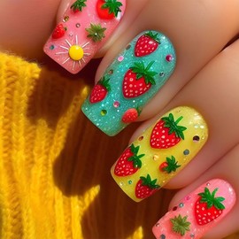 Cute Strawberry Press on Nails Fruit Design Fake Nails with Glue Medium Square Glossy False Nail Full Cover Artificial Stick on Nail for Women