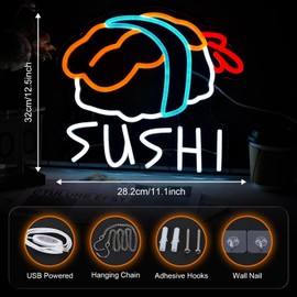 Sushi Neon Sign for Wall Decor Led Neon Lights for Business Light Up Sign 12.5" x 11in" USB Powered for Home Bar Kitchen Japanese Restaurant Supermarkets Decor