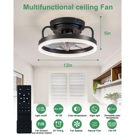 JHSYCH Ceiling Fan with Lights, Low Profile Ceiling Fans with Lights and Remote, Flush Mount LED Fan Light, Modern Bladeless Fandelier for Bedroom Works with APP, 12IN Black