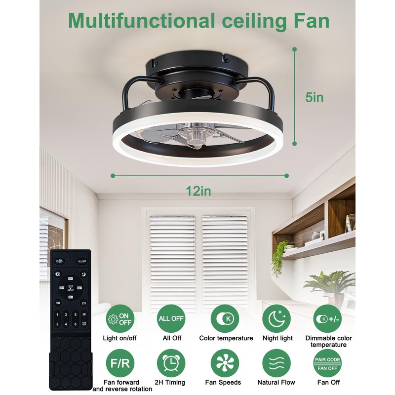 JHSYCH Ceiling Fan with Lights, Low Profile Ceiling Fans with