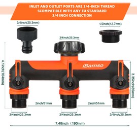 iBamso Garden Hose Splitter, 3/4" 3 Way Tap Connector Garden Faucet Splitter, Tap Splitter with On/Off Valves and Extended Handle, Tap Adapter Garden Hose Connector for Garden Outdoor Home - Orange