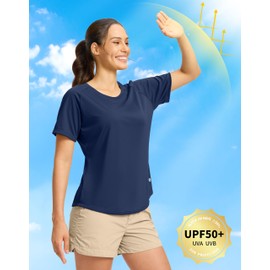 SANTINY Women's Short Sleeve Shirts UPF 50+ Sun Protection Moisture Wicking T-Shirts Hiking Athletic Workout Tops for Women (Navy_M)