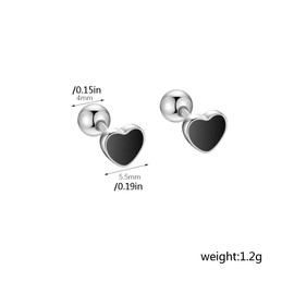 Hypoallergenic 20g Black Enamel Heart S925 Sterling Silver Small Stud Earrings for Women Cartilage Traugs Barbell Screw Back Cute Gold Plated Minimalist Hearts Love Mini Sleeper Studs Fashion Jewelry Gifts Her Xmas 5.5mm (Silver)