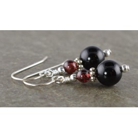 Black Onyx, Dark Red Garnet Gemstone & Sterling Silver Hook Drop Earrings with Gift Box