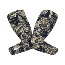 ANSGSD Vintage Tattoo Roses Machine Skull Barbed Gardening Sleeves With Thumb Hole For Women Men, Farm Sun Protection Thorn Proof Cooling Arm Sleeves To Cover Arms For Garden Sports