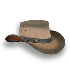 Leatherick Cowboy Hat for Men - Western Aussie Style Outback Hats Genuine Crazy Horse Leather with Chin Strap, black