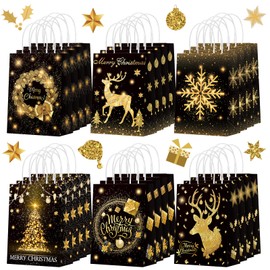 Kolldenn 24 Pcs Christmas Party Favors Bags Black and Gold Christmas Gift Goodie Bags Paper Reindeer Xmas Candy Treat Bag with Handles for Christmas Party Decorations Holiday Birthday Supplies