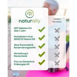 naturally Vitamin D3 K2 Tablets - 120 Tablets 5000 IU Vitamin D3 and Vitamin K2 (MK7) - Laboratory Tested, No Additives, Vegan