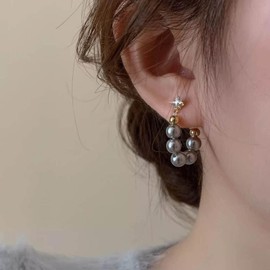 Cybche Vintage Grey Pearl Earrings Pearl Hoop Dangle Earrings Gold Tiny CZ Stud Earrings Circle Pearl Huggie Hoop Earrings Wedding Pearl Front Back Earrings Jewellery for Women, Zinc, No Gemstone