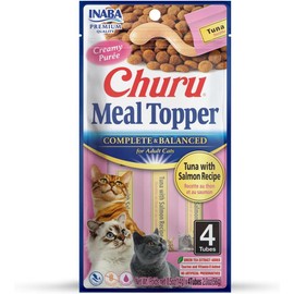 INABA Churu Meal Topper for Cats, Complete & Balanced, Creamy, Lickable Purée Cat Food Topper, 0.5 Ounce Tube, 4 Tubes (4 per Pack), Tuna with Salmon Recipe