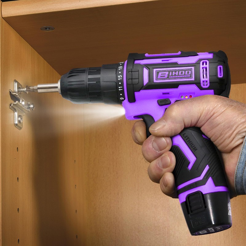Purple 12V Cordless Drill,Electric Power Driver Kit,3/8-Inch Keyless Chuck, Variable