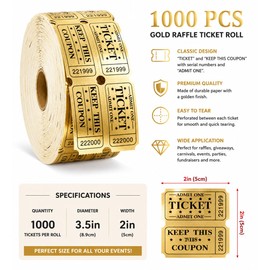 1000 Golden Raffle Tickets, Double Roll, 500 Pairs, Metallic Foil, for Events, Fundraisers, Classroom Rewards and Prizes