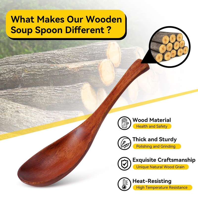 Wooden Soup Spoon 2pcs, Japanese Ramen Soup Spoons 6.1 inches