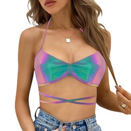 Haoohu Women's Reflective Crop Top Metallic Shiny Club Tank Top Vest Festival Rave Outfits