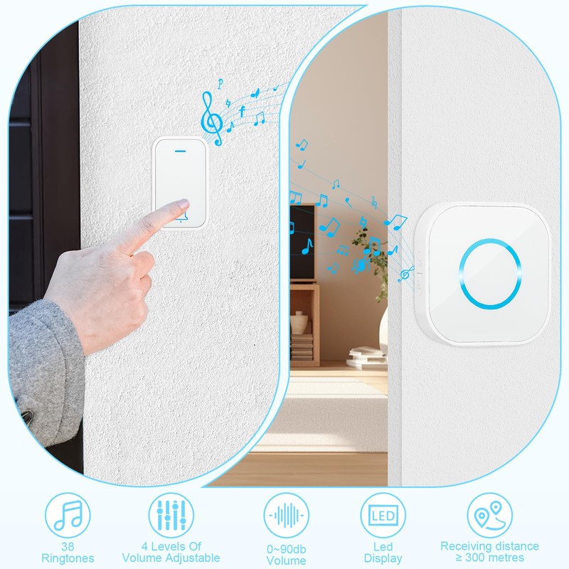 VFANDV Wireless Doorbell Outdoor LED Indicator Buttons Wireless Waterproof Outdoor