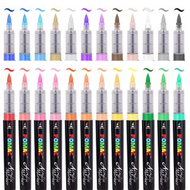 POMAC Acrylic Paint Markers Pens 24 Assorted Colors, Water-Based Paint Marker Pens Brush Tip, No-Bleed Liquid Acrylic Markers Waterproof for Fabric, Canvas, Rock, Glass, Wood, DIY Crafts, Art Supplies