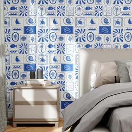 Blue Coastal Peel and Stick Wallpaper – Removable Nautical Tile Style Self Adhesive Wallpaper for Bathroom Beach House Decor, 17.3"x120"