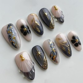 Auroriel 30 Piece Almond Styling Nails Set Medium Length 3D Marble Gold Leaf French Lace for Gluing Elegant Women's Manicure Reusable Full Surface Fake Nails