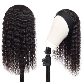 Headband Wig Human Hair Deep Wave Wigs 24 inch Brazilian Human Hair Headband Wigs for Black Women Glueless Non Lace Front Wig Machine Made Curly Deep Wave Headband Wig 150% Density Natural Color