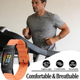 SUGARJAR Nylon Watch Bands Compatible with Fitbit Charge 6/5, Quick-Dry Adjustable Breathable Replacement Sport Strap with Stainless Steel Ring Clasp for Workouts & All-Day Wear，Women Men, Orange