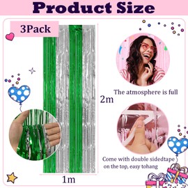 3pcs Tinsel Curtain Green Silver Glitter Foil Door Curtains Party Backdrop,3.2x6.5ft Foil Fringe Curtain Party Streamers Shimmer Curtain Backdrop Decorations for Birthday Irish St. Patrick's Day
