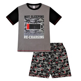 Boy's Not Sleeping Just Recharging Short Cotton Pyjamas Grey Red (10-11 Years)
