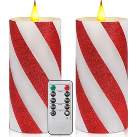 Retisee 2 Velas sin Llama con Forma de Bastón de Caramelo Velas LED Parpadeantes a Rayas de Cera Auténtica con Temporizador Remoto a Pilas Velas Falsas con Rayas Anchas y Purpurina(3" x 6",Rojo)