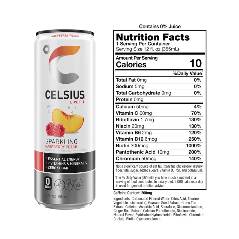 CELSIUS Sparkling Raspberry Peach, Sugar Free Energy Drink, 12 Fl