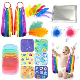 28pcs Baby Sensory Set with Ribbon Toy, Sensory Scarf, Foil Blanket Sensory, Multi-Coloured Feathers and Crinkle Toys for Baby Gift Set, Party Babies Newborn Toddler Presents