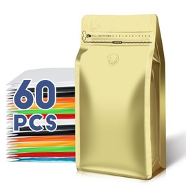 Coffee Bags with Valve(60pcs,16 oz,1 lb) Vented Coffee Beans Packaging Bags High Barrier Aluminumed Foil Flat Bottom Heat Sealed Side Zipper Resealable Storage Bag for Home or Business（Gold）