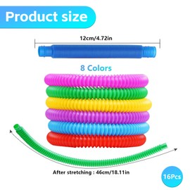 Pop Tubes Sensory Fidget Toys: 16Pcs Stretchy & Bendable Stress Relief Tubes - Sensory Toys for Autism Anxiety and Focus – Portable Fidget Toys for Office Travel & Birthday Party Favours