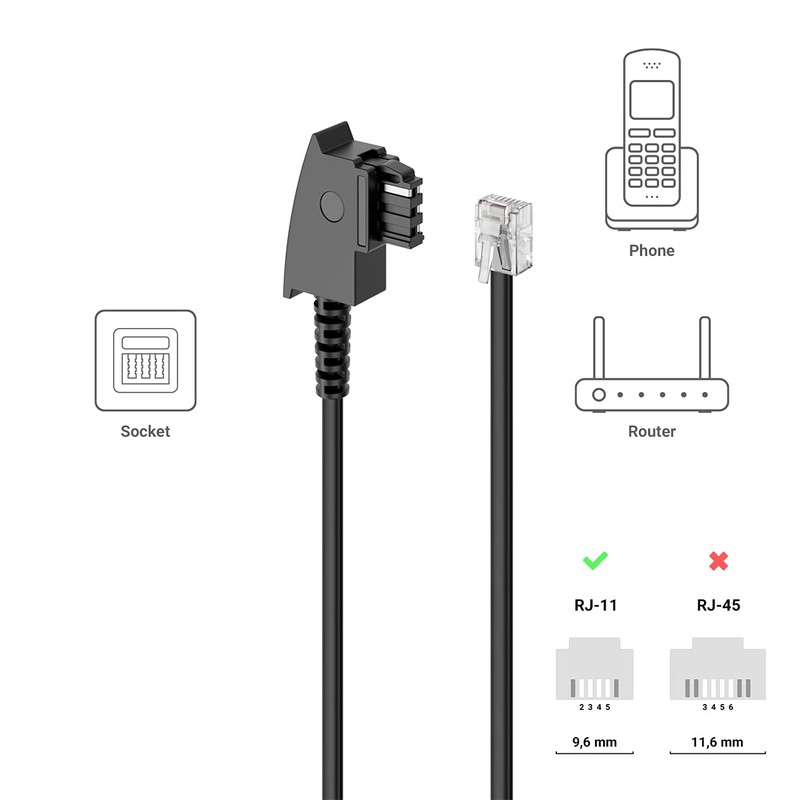 deleyCON 1 m Telephone Cable, TAE-F Plug to RJ11 Plug,