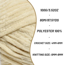 Fluffy Chenille Yarn for Crocheting, Chunky Velvet Yarns for Crochet Amigurumi, Baby Yarn for Crocheting Soft Blanket, 87.4yds /3.5 oz Bulky Yarns for Crafts/Hats/Shoes/Socks (Beige)