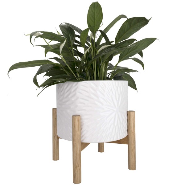 LA JOLIE MUSE Planter with Stand Ceramic Plant Pot with Stand - 8 Inch Unique Modern Flower Pots Indoor with Wood Planter Holder with Drainage, Bright White
