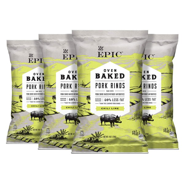 EPIC Chili Lime Baked Pork Rinds, Keto Friendly, 4 Count Box 2.5oz bags