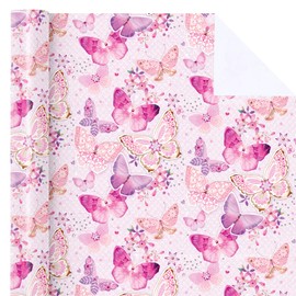 WRAPAHOLIC Pink Butterfly Wrapping Paper Roll - Mini Roll - 17 Inch x 9.8 Feet - Fantasy Butterfly Design, Perfect for Birthday, Wedding, Bridal Shower