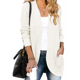 MEROKEETY Womens 2025 Fall Long Sleeve Open Front Cardigans Chunky Knit Draped Sweaters Outwear with Pockets White XXL