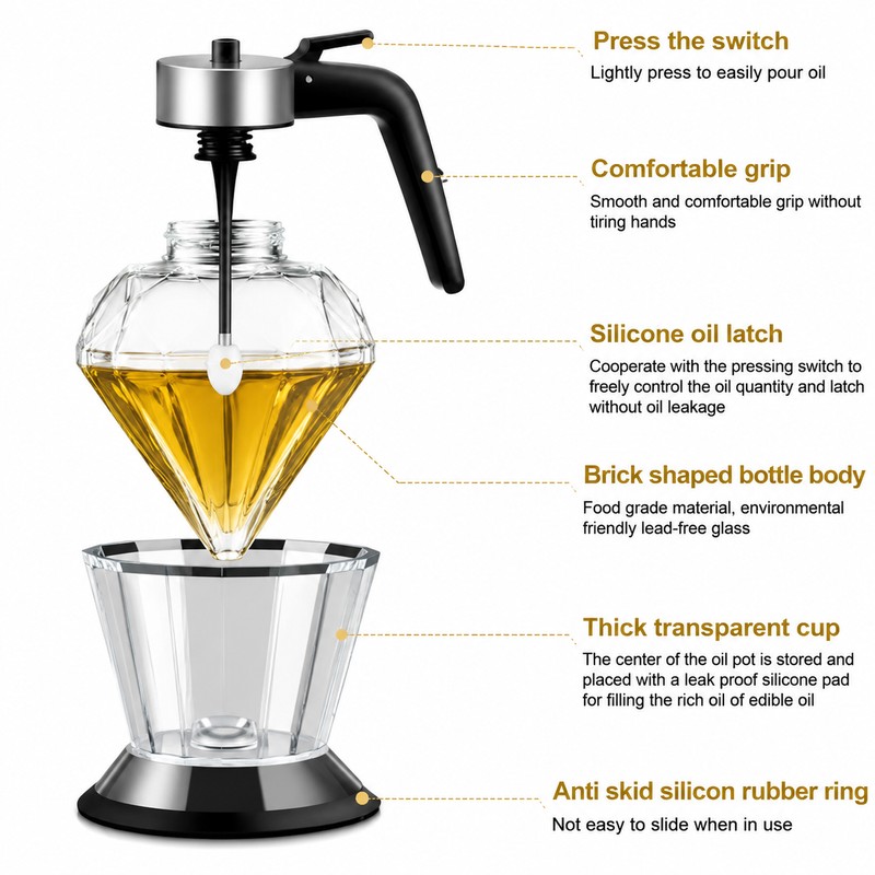 Diamond Glass Honey Dispenser with Bottom Pour Trigger, Elegant Oil