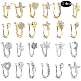 TAMHOO 24pcs Fake Nose Ring for Women,Gold Plated Nose Rings for Women,CZ Nose Cuffs for Non Pierced Nose,