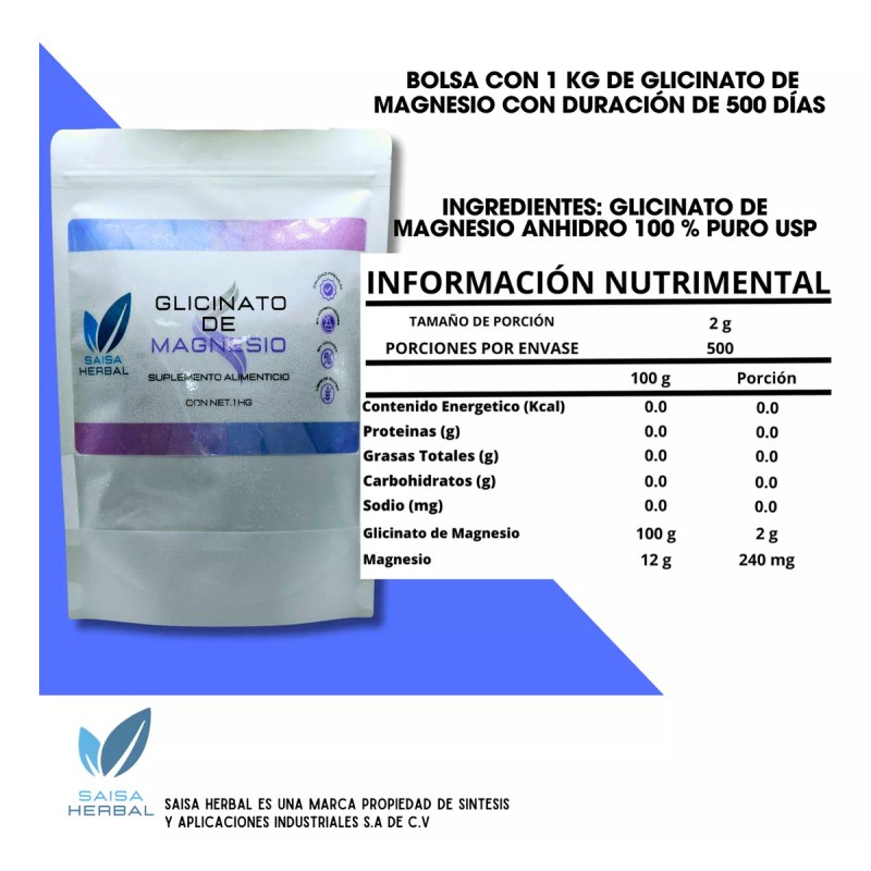 Saisa Herbal Glicinato De Magnesio 100% Puro Bolsa Con 1