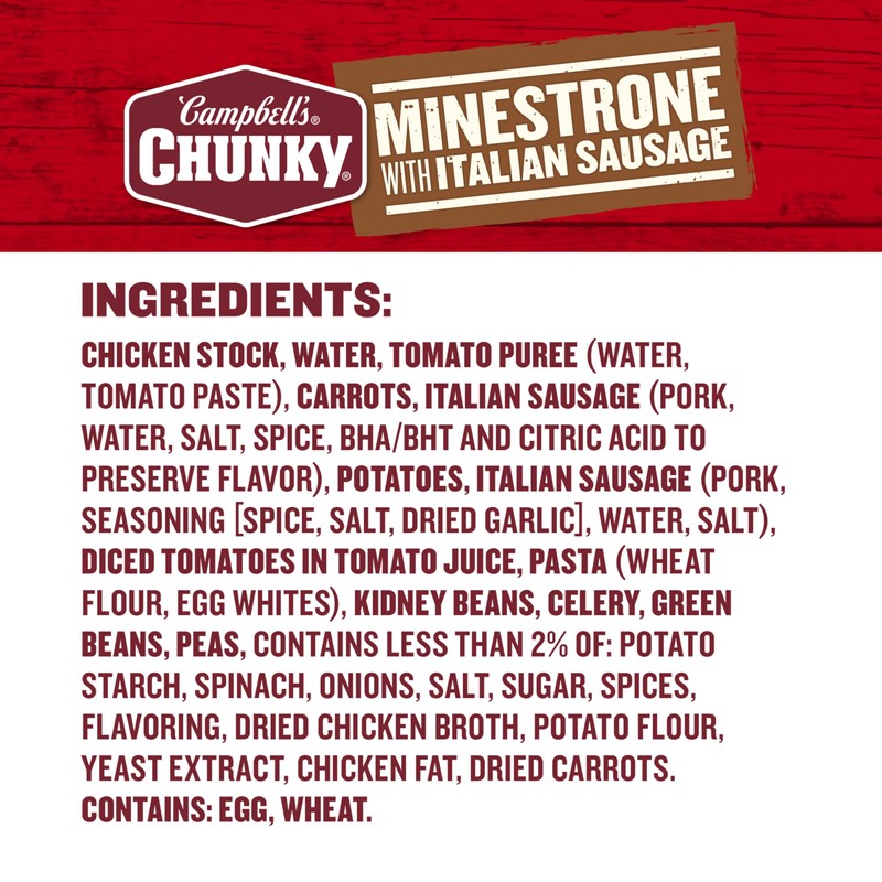Campbell’s Chunky Soup, Minestrone with Italian Sausage Soup, 18.8 Oz