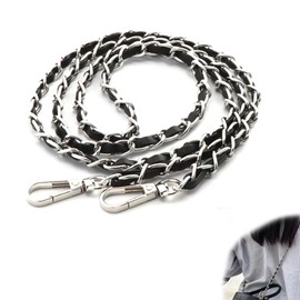 FsGrg Bag Replacement Shoulder Strap Chain/Leather Black + Silver/Silver Approx 120cm Single Piece (Handbag Crossbody Clutch Compatible)