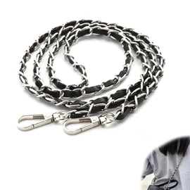 FsGrg Bag Replacement Shoulder Strap Chain/Leather Black + Silver/Silver Approx 120cm Single Piece (Handbag Crossbody Clutch Compatible)